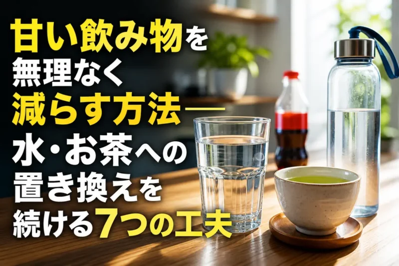 水と無糖のお茶を並べて甘い飲み物からの置き換えを表した食卓。