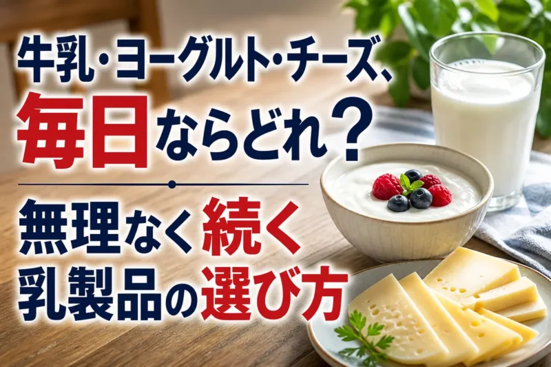 牛乳、ヨーグルト、チーズを並べた穏やかな朝食風景。