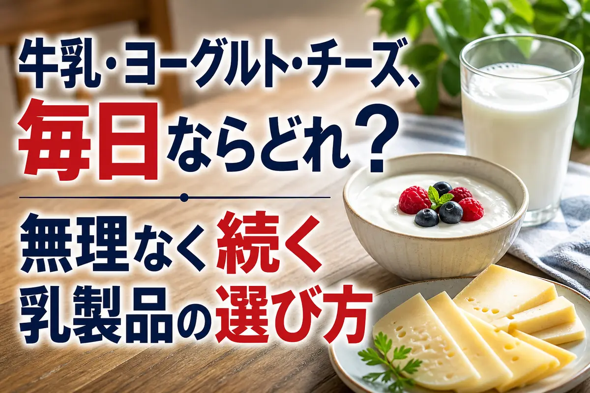 牛乳、ヨーグルト、チーズを並べた穏やかな朝食風景。