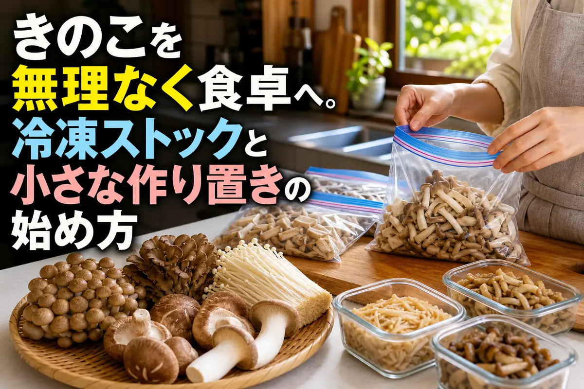 数種類のきのこを冷凍用の袋と作り置き容器に分けている様子。