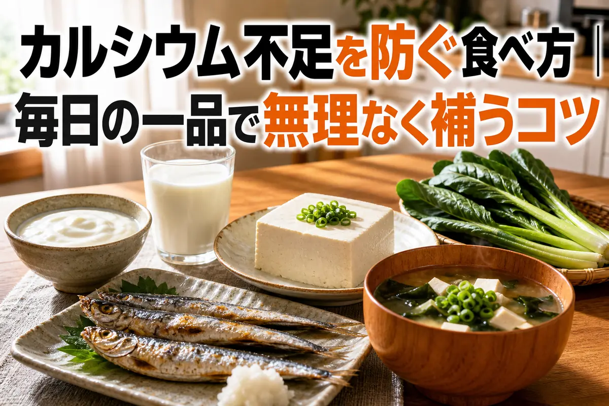 牛乳、ヨーグルト、豆腐、小魚、小松菜を並べた食卓。