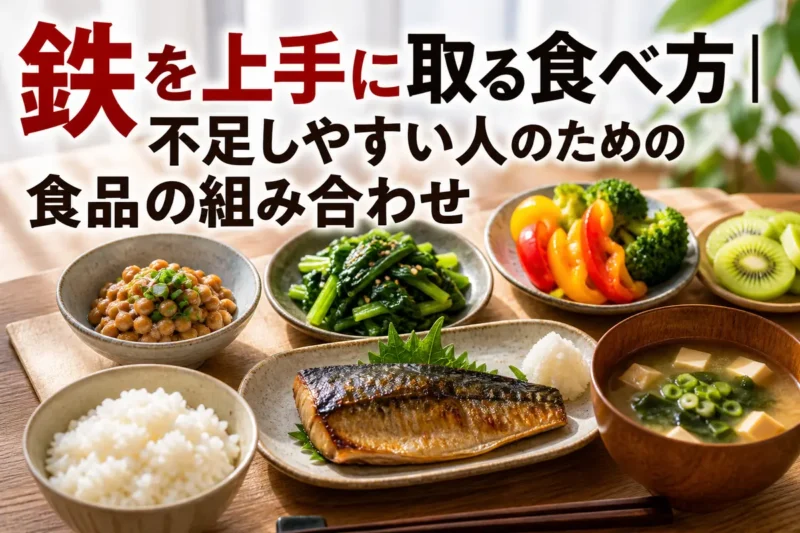 鉄を含む食品と野菜や果物を組み合わせた食卓。
