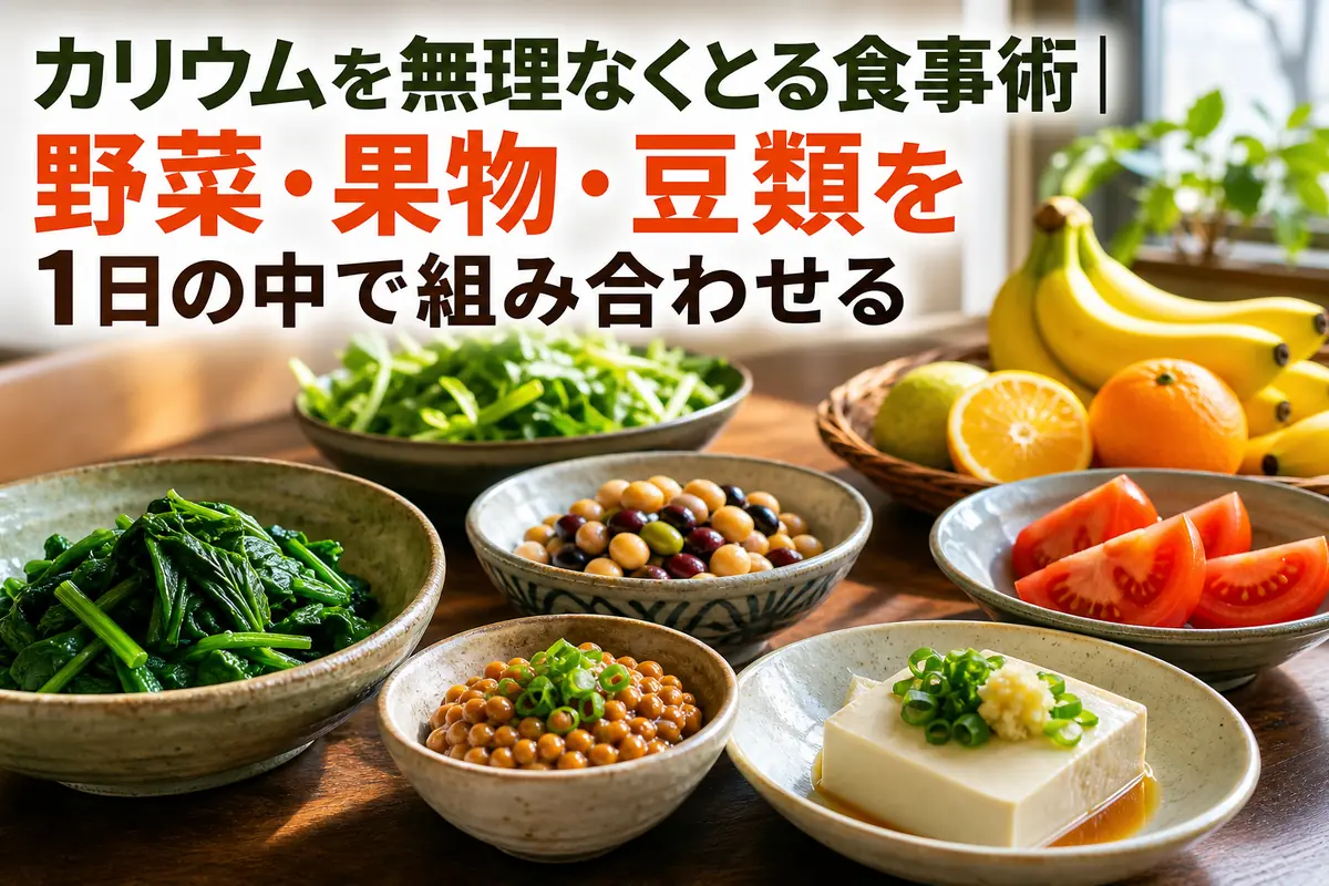 野菜、果物、納豆、豆腐を組み合わせた食卓。