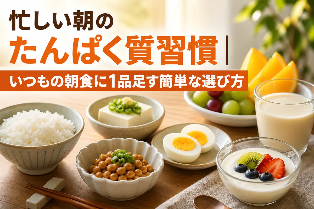 ごはんや卵、納豆、ヨーグルトなどを並べた手軽な朝食。