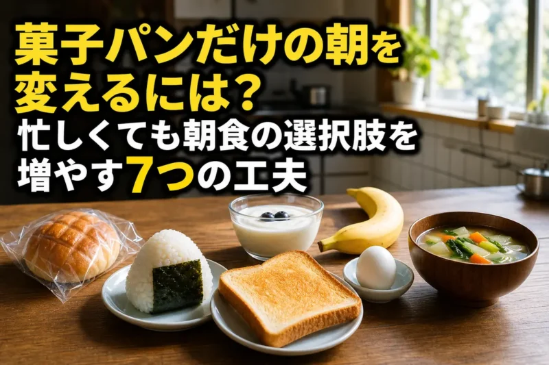 おにぎりや卵、ヨーグルトなど複数の朝食が並ぶ食卓。