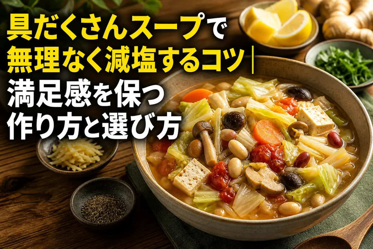 野菜や豆腐が入った具だくさんスープと香味食材が食卓に並んでいる。