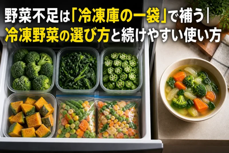 冷凍野菜を常備した冷凍庫と、野菜を加えた温かいスープ。