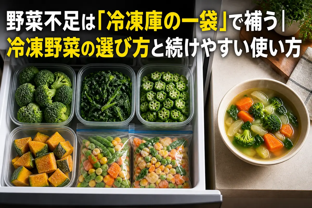 冷凍野菜を常備した冷凍庫と、野菜を加えた温かいスープ。