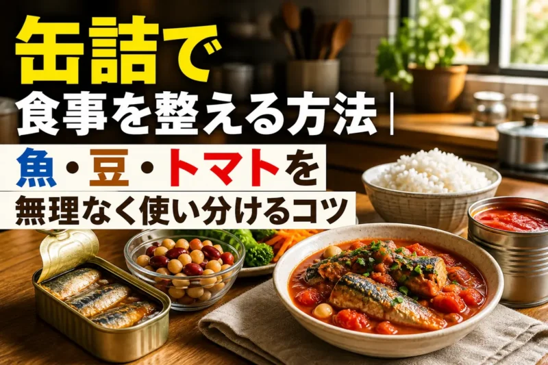 魚・豆・トマトの缶詰と、野菜や主食を組み合わせた食卓。