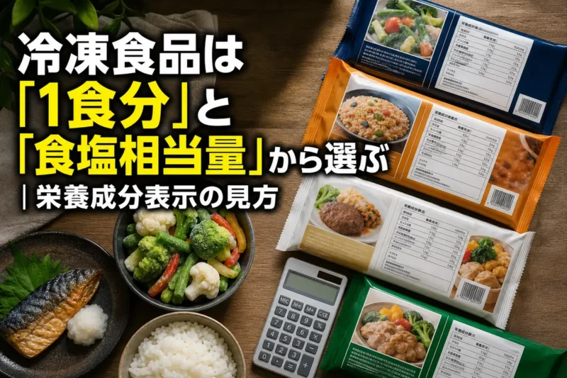 冷凍食品と野菜を並べて栄養成分表示を比べる食卓。