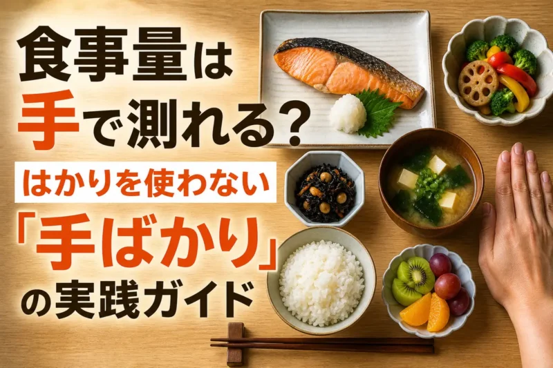 手を目安に、ごはんや主菜、野菜の量を確認している食卓。