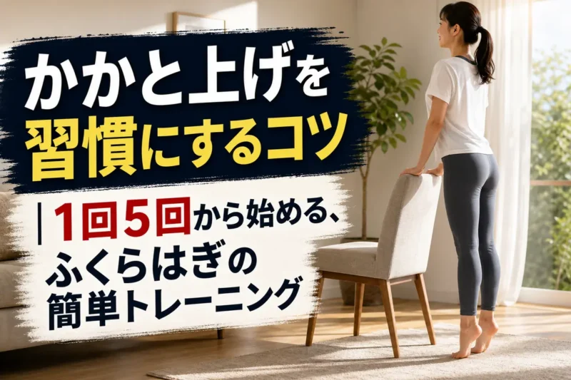 安定した椅子に手を添えて、ゆっくりかかと上げをする様子。