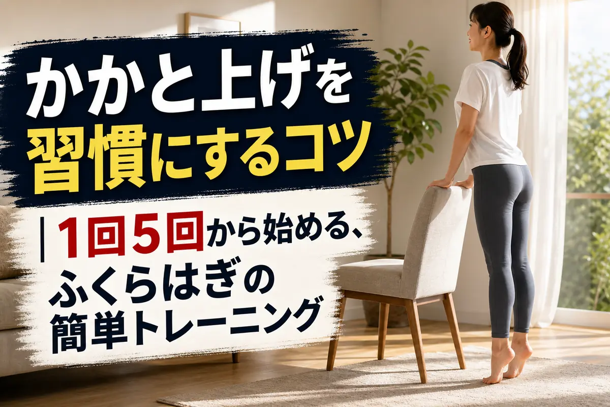 安定した椅子に手を添えて、ゆっくりかかと上げをする様子。
