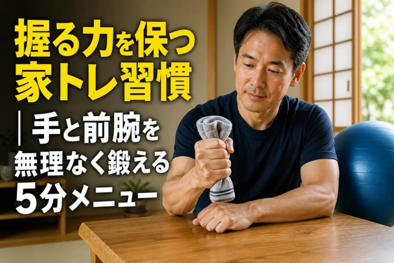 自宅のテーブルで丸めた靴下を握り、手と前腕を鍛える様子。