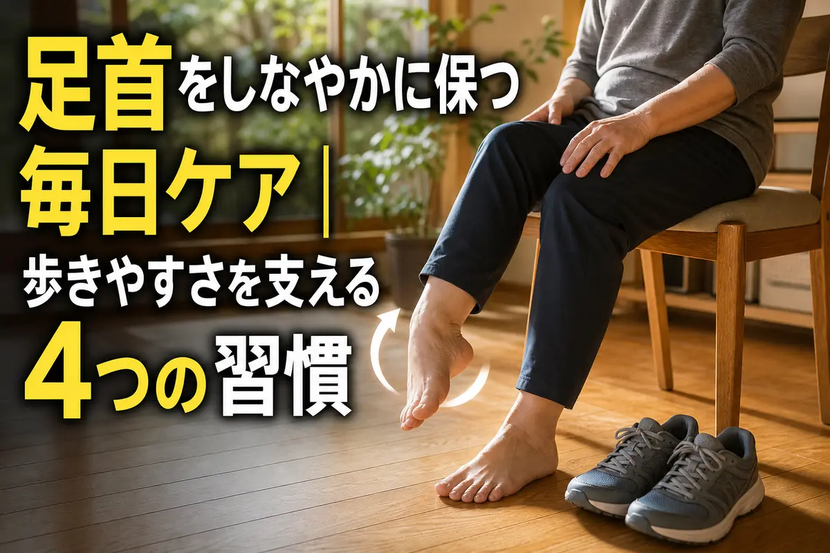椅子に座って無理なく足首を動かす日常ケアの様子。