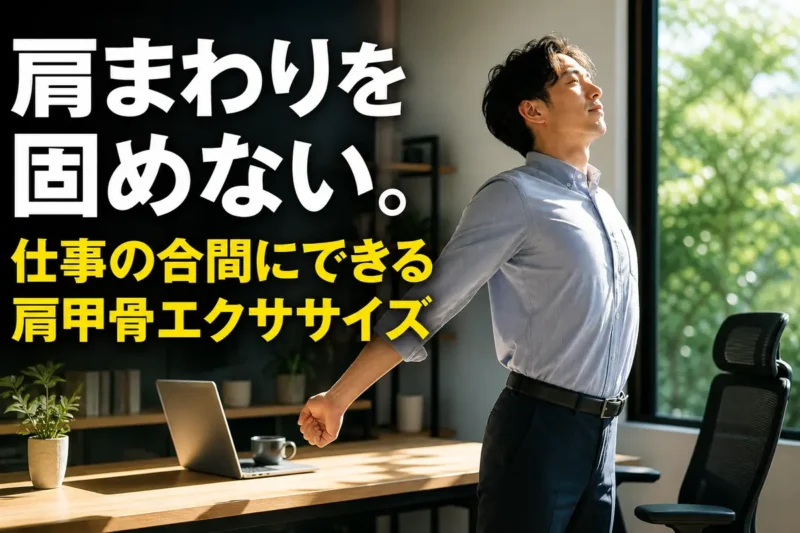 デスクの横で肩まわりをゆっくり動かす人。