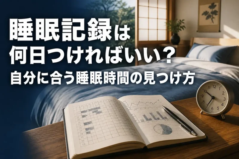 朝の寝室で睡眠記録ノートと時計を確認する様子。