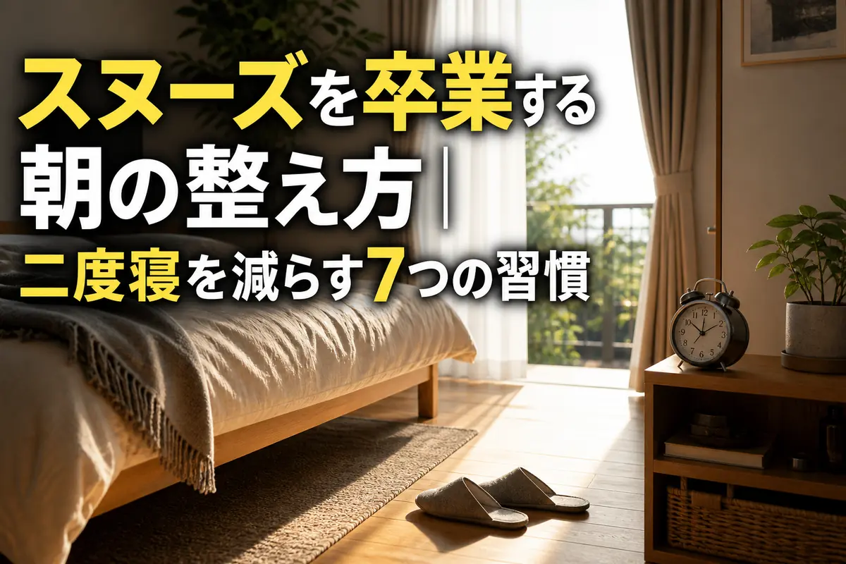 朝日が入る寝室で、ベッドから離れた場所に目覚まし時計が置かれている。