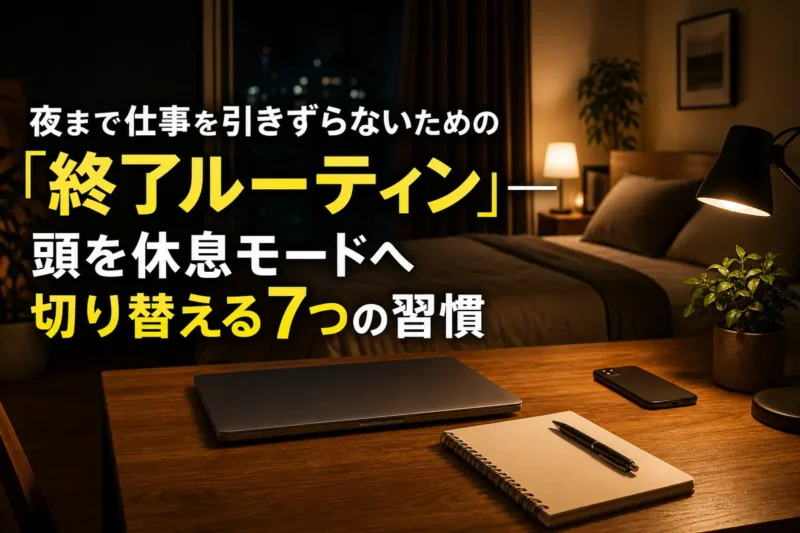 仕事用のパソコンを閉じ、穏やかな照明の寝室で休息へ移る様子。