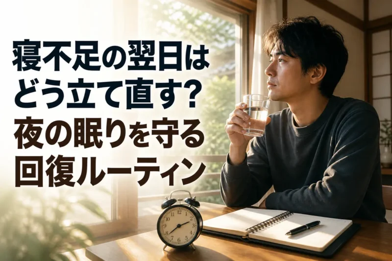 寝不足の朝に窓辺で水を飲みながら一日の予定を整える様子。