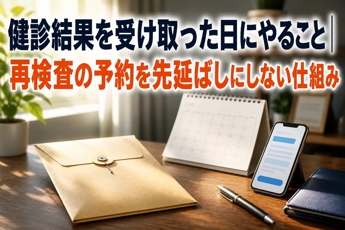 健診結果と予定表を机に広げ、再検査の予約を準備している様子。