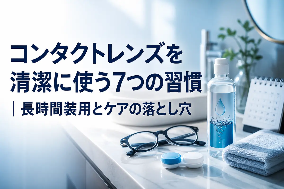 清潔な洗面台にコンタクトレンズ用品と眼鏡を整えて置いた様子。