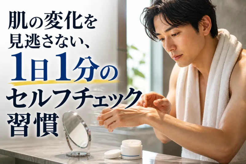 明るい鏡の前で手と腕の肌を確認する様子。