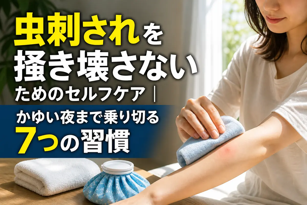 虫刺されに冷たい布を当てて掻き壊しを防ぐ様子。