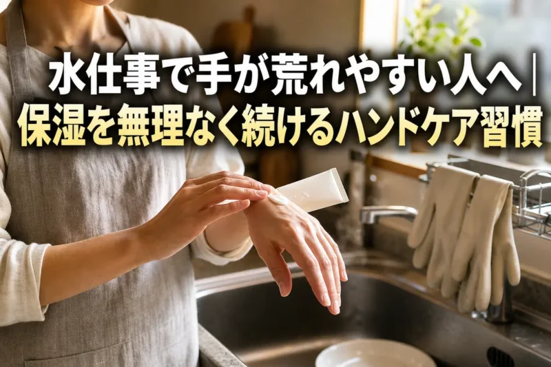 水仕事の後、台所で手に保湿クリームを塗る様子。