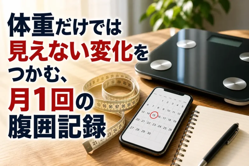 メジャーと体重計、記録用ノートを並べた健康管理の風景。