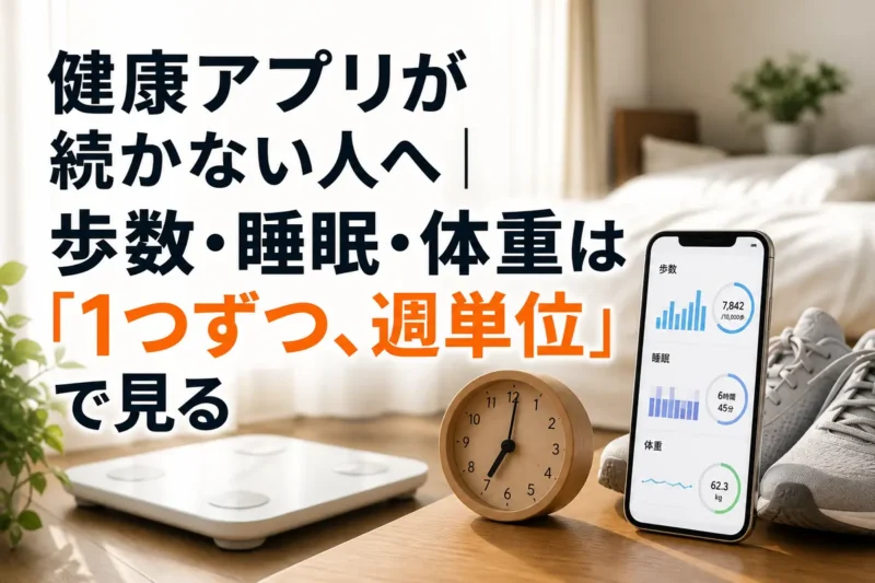 健康記録をシンプルに続けるためのスマートフォンと生活用品。