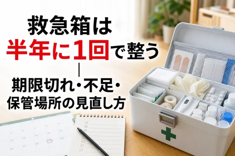 家庭の救急箱の中身を机に並べて点検している様子。
