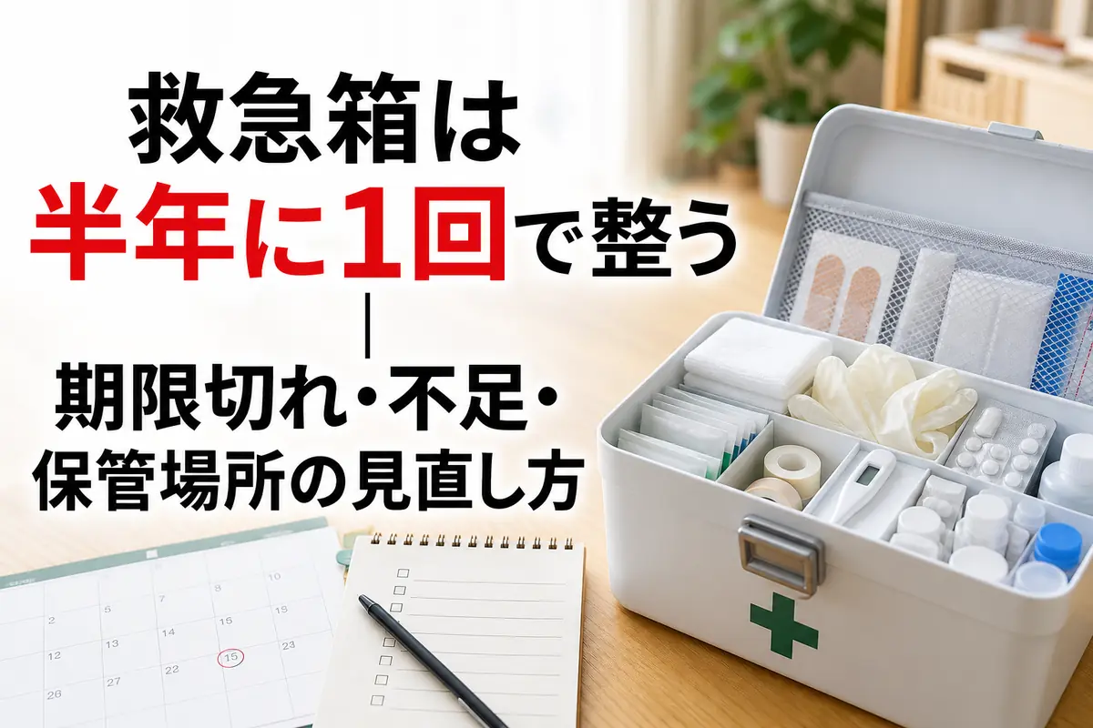 家庭の救急箱の中身を机に並べて点検している様子。