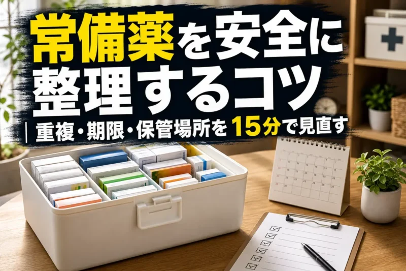 外箱のまま分類された常備薬と点検用のカレンダー。