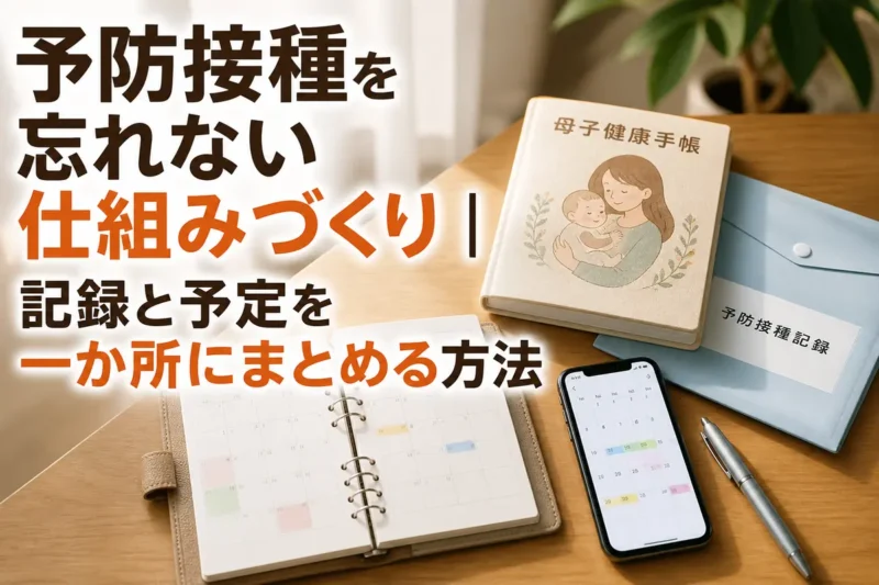 予防接種の記録ファイルとスマートフォンの予定表を整理した机。