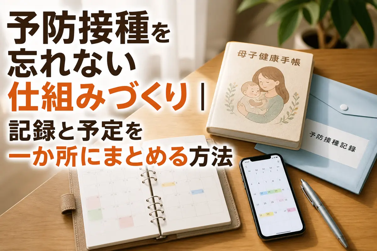 予防接種の記録ファイルとスマートフォンの予定表を整理した机。