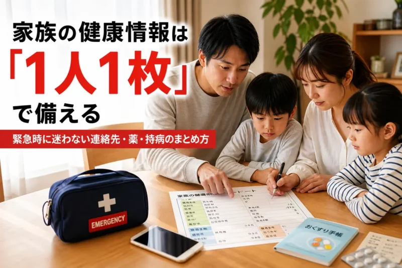 家族が食卓で健康情報の一覧とお薬手帳を整理している様子。