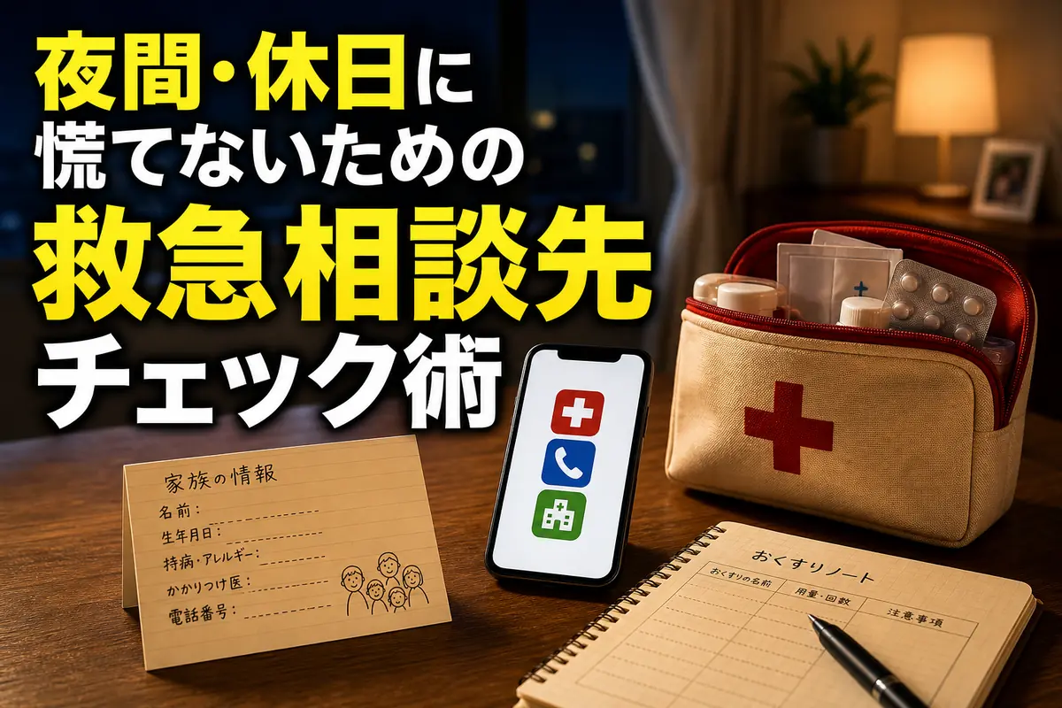 夜間や休日の救急相談先をスマートフォンと紙に整理する様子。