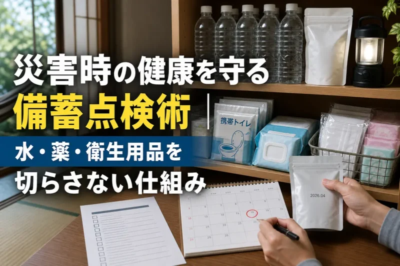 水や薬、衛生用品の期限を確認しながら整理された家庭の防災備蓄。