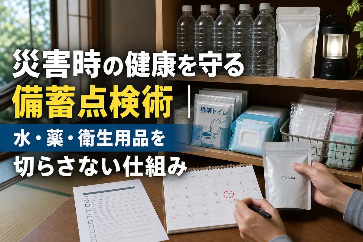 水や薬、衛生用品の期限を確認しながら整理された家庭の防災備蓄。