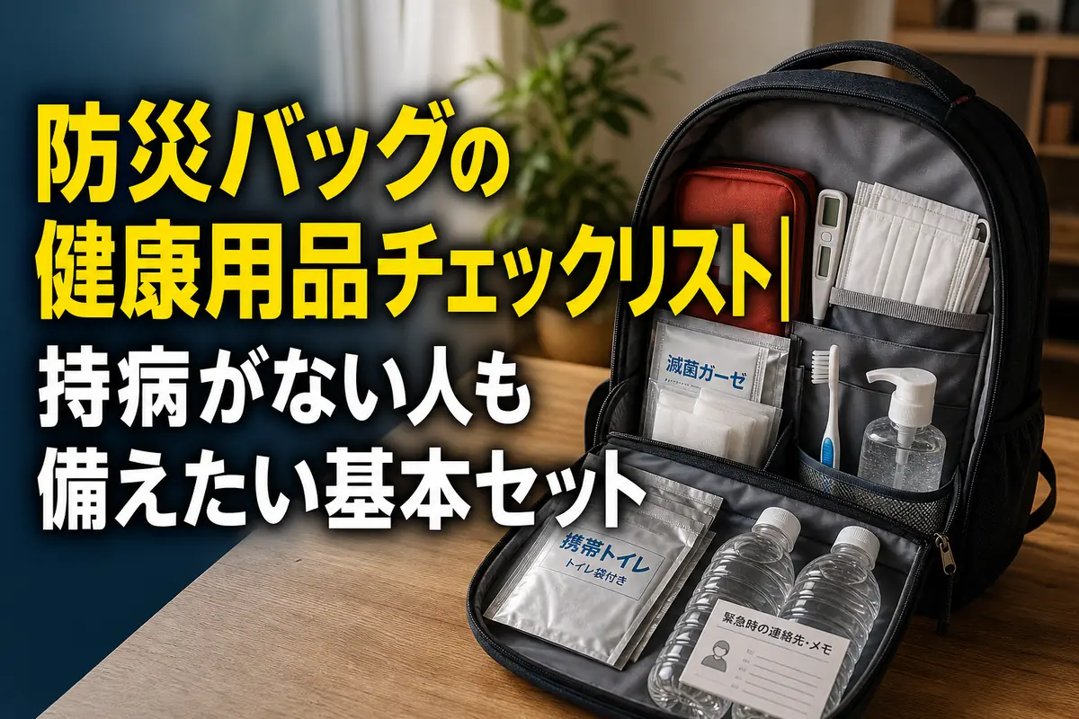 防災バッグの周囲に健康用品を整理して並べた様子。