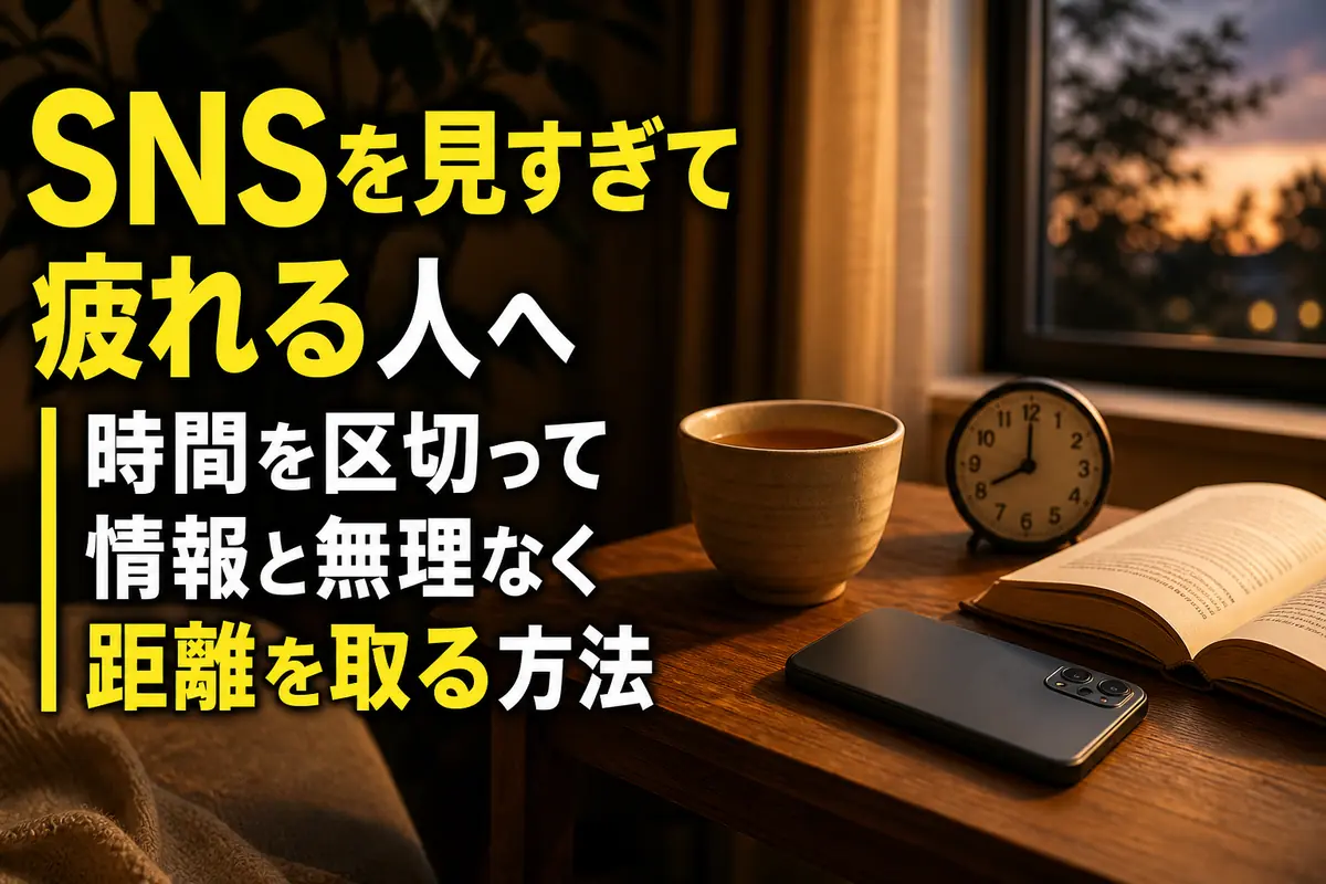 スマートフォンを伏せて本とお茶で静かに休む生活風景。