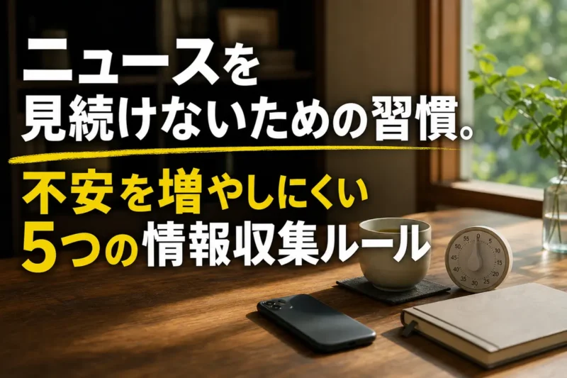 スマートフォンを伏せ、温かい飲み物とタイマーを置いた落ち着いた机。