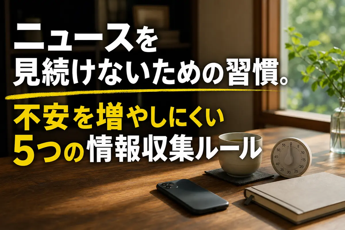 スマートフォンを伏せ、温かい飲み物とタイマーを置いた落ち着いた机。