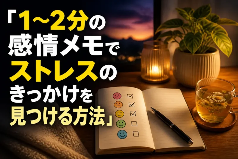 机の上の小さなノートに感情を記録する穏やかなセルフケアの場面。