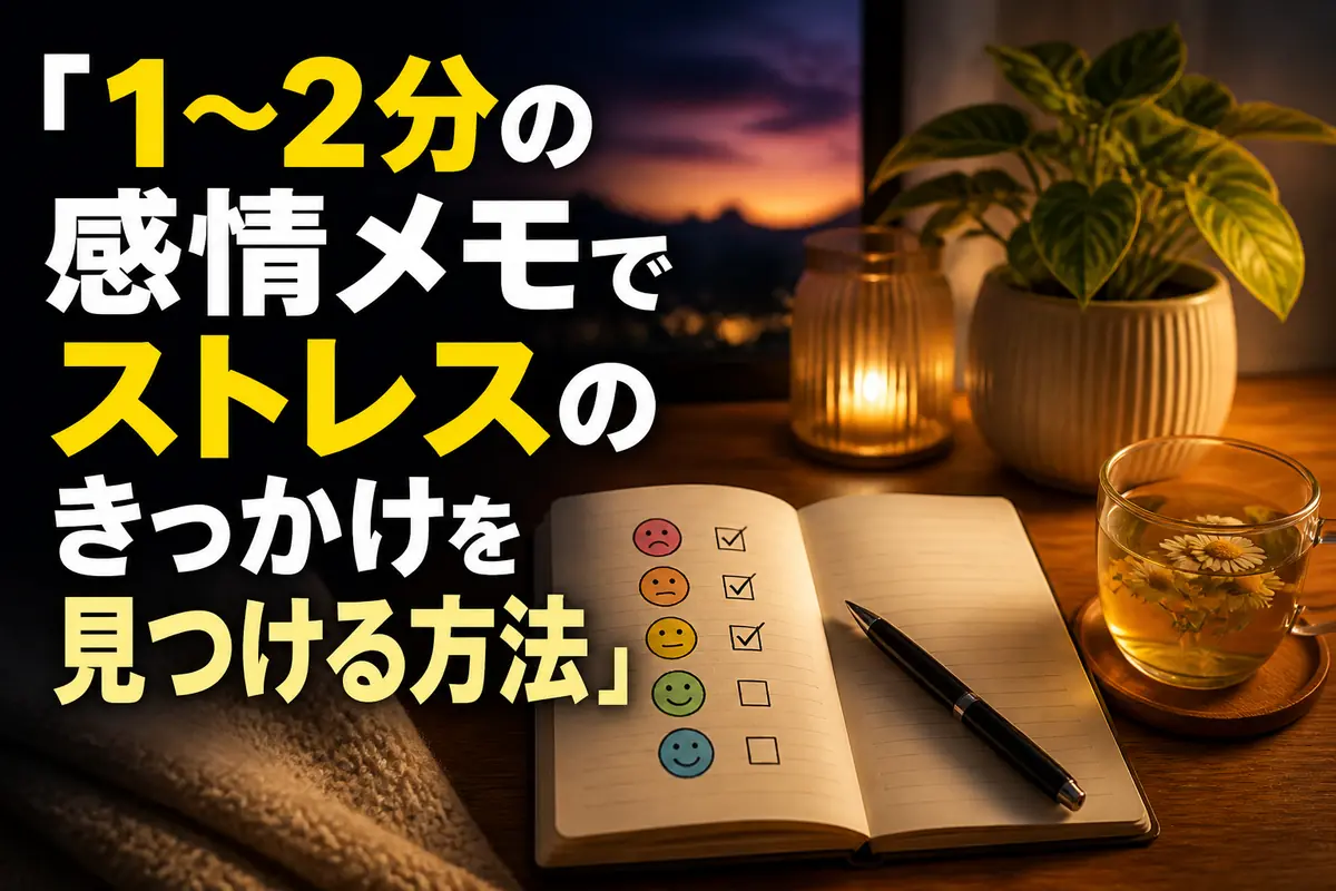 机の上の小さなノートに感情を記録する穏やかなセルフケアの場面。