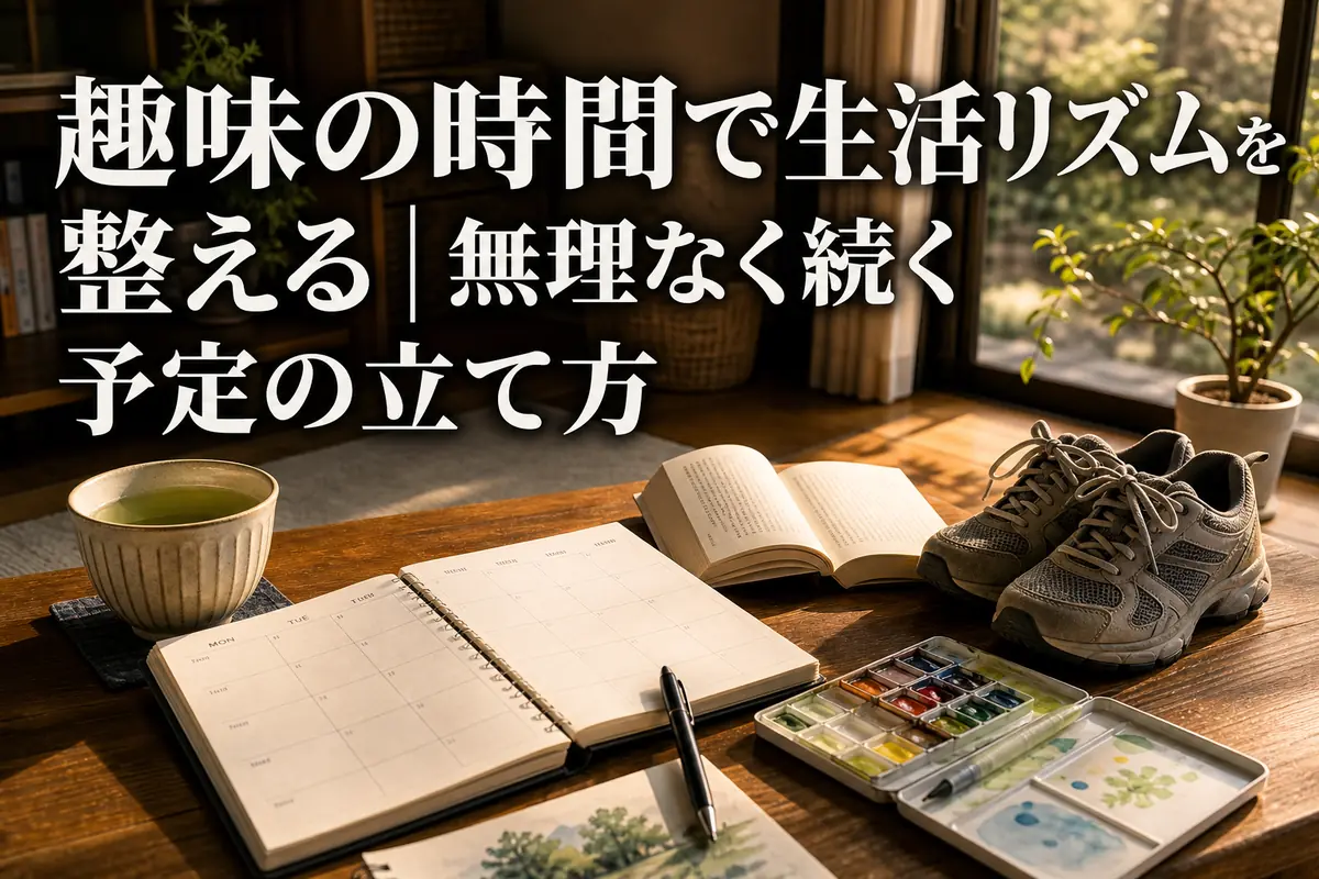 手帳のそばに本や画材、散歩靴を置き、趣味の予定を立てる様子。