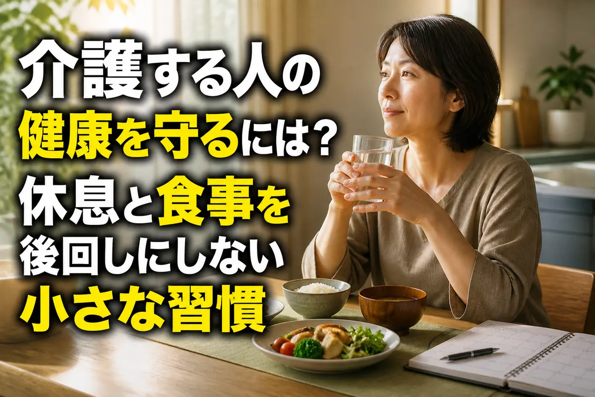 介護の合間に簡単な食事と休息を取る人。