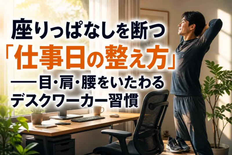 整えたデスクの横で立ち上がり、軽く体を伸ばすデスクワーカー。