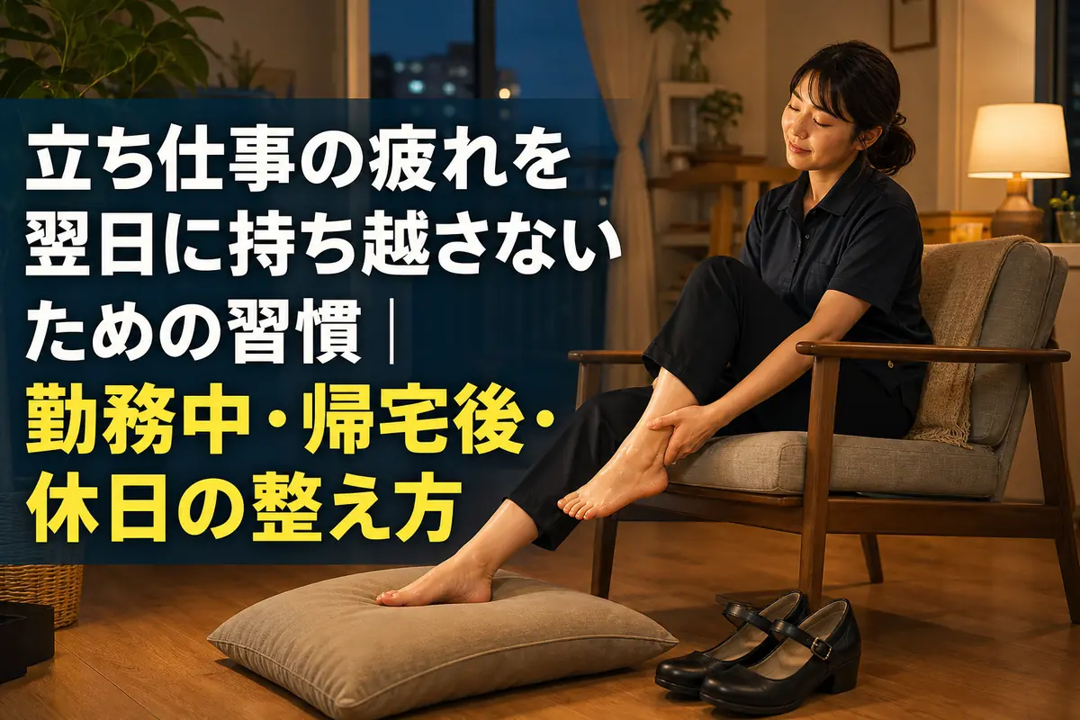 立ち仕事を終え、椅子に座って足首をゆっくり動かす人。
